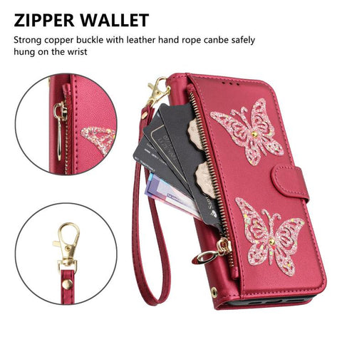 Glitter Butterfly Zipper Vegan Leather Phone Case with Wrist Strap, For iPhone 13 Pro Max, For iPhone 13 Pro, For iPhone 12 / 12 Pro, For iPhone 12 Pro Max
