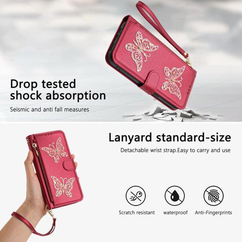 Glitter Butterfly Zipper Vegan Leather Phone Case with Wrist Strap, For iPhone 13 Pro Max, For iPhone 13 Pro, For iPhone 12 / 12 Pro, For iPhone 12 Pro Max
