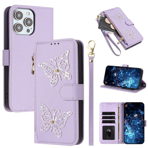 Glitter Butterfly Zipper Vegan Leather Phone Case with Wrist Strap, For iPhone 13 Pro Max, For iPhone 13 Pro, For iPhone 12 / 12 Pro, For iPhone 12 Pro Max