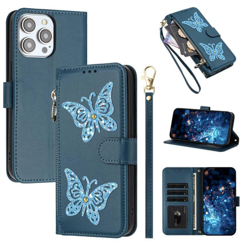 Glitter Butterfly Zipper Vegan Leather Phone Case with Wrist Strap, For iPhone 13 Pro Max, For iPhone 13 Pro, For iPhone 12 / 12 Pro, For iPhone 12 Pro Max