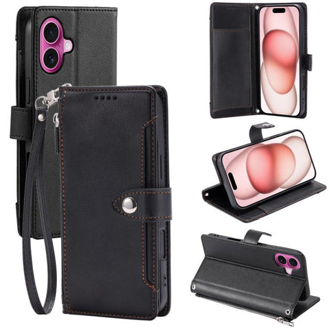 Litchi Texture Zipper Wallet Buckle Vegan Leather Phone Case with Wrist Strap, For iPhone 16 Plus, For iPhone 16, For iPhone 15 Pro Max, For iPhone 15 Pro, For iPhone 15 Plus, For iPhone 15