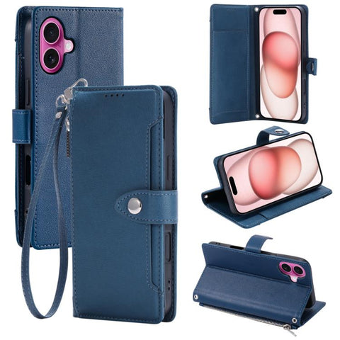 Litchi Texture Zipper Wallet Buckle Vegan Leather Phone Case with Wrist Strap, For iPhone 16 Plus, For iPhone 16, For iPhone 15 Pro Max, For iPhone 15 Pro, For iPhone 15 Plus, For iPhone 15