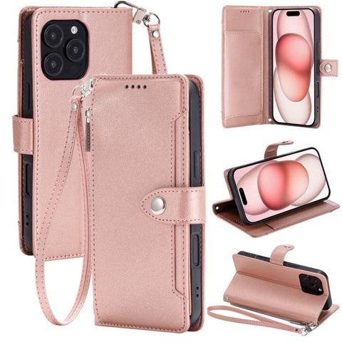 Litchi Texture Zipper Wallet Buckle Vegan Leather Phone Case with Wrist Strap, For iPhone 16 Plus, For iPhone 16, For iPhone 15 Pro Max, For iPhone 15 Pro, For iPhone 15 Plus, For iPhone 15