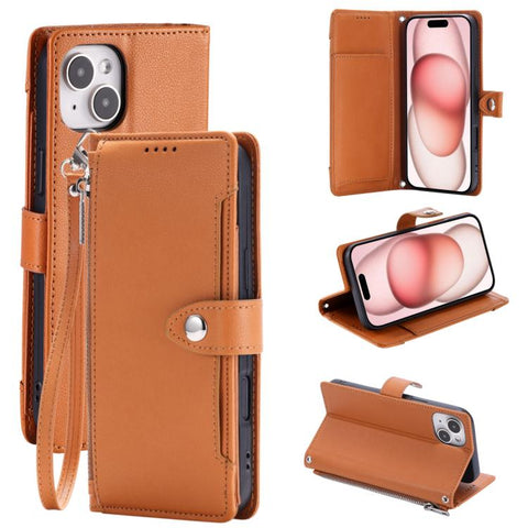 Litchi Texture Zipper Wallet Buckle Vegan Leather Phone Case with Wrist Strap, For iPhone 16 Plus, For iPhone 16, For iPhone 15 Pro Max, For iPhone 15 Pro, For iPhone 15 Plus, For iPhone 15