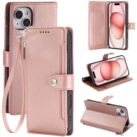 Litchi Texture Zipper Wallet Buckle Vegan Leather Phone Case with Wrist Strap, For iPhone 16 Plus, For iPhone 16, For iPhone 15 Pro Max, For iPhone 15 Pro, For iPhone 15 Plus, For iPhone 15