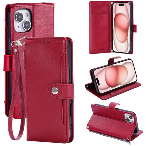 Litchi Texture Zipper Wallet Buckle Vegan Leather Phone Case with Wrist Strap, For iPhone 14 Plus, For iPhone 14, For iPhone 14 Pro, For iPhone 14 Pro Max, For iPhone SE 2022 / SE 2020, For iPhone 13 Pro Max