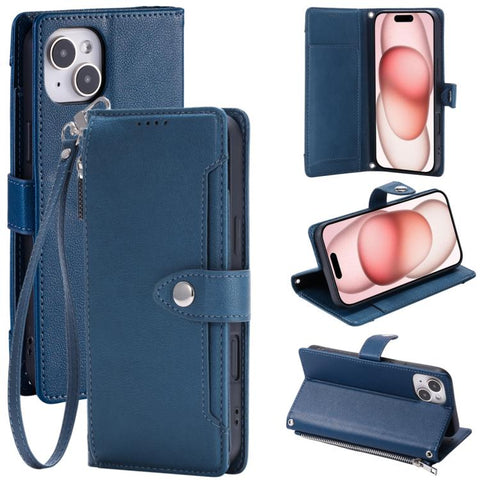 Litchi Texture Zipper Wallet Buckle Vegan Leather Phone Case with Wrist Strap, For iPhone 14 Plus, For iPhone 14, For iPhone 14 Pro, For iPhone 14 Pro Max, For iPhone SE 2022 / SE 2020, For iPhone 13 Pro Max