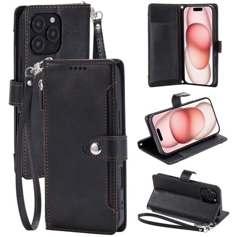 Litchi Texture Zipper Wallet Buckle Vegan Leather Phone Case with Wrist Strap, For iPhone 14 Plus, For iPhone 14, For iPhone 14 Pro, For iPhone 14 Pro Max, For iPhone SE 2022 / SE 2020, For iPhone 13 Pro Max