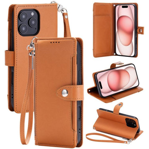 Litchi Texture Zipper Wallet Buckle Vegan Leather Phone Case with Wrist Strap, For iPhone 14 Plus, For iPhone 14, For iPhone 14 Pro, For iPhone 14 Pro Max, For iPhone SE 2022 / SE 2020, For iPhone 13 Pro Max