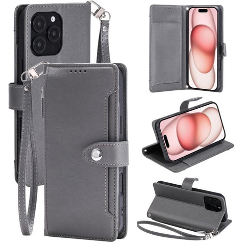 Litchi Texture Zipper Wallet Buckle Vegan Leather Phone Case with Wrist Strap, For iPhone 14 Plus, For iPhone 14, For iPhone 14 Pro, For iPhone 14 Pro Max, For iPhone SE 2022 / SE 2020, For iPhone 13 Pro Max
