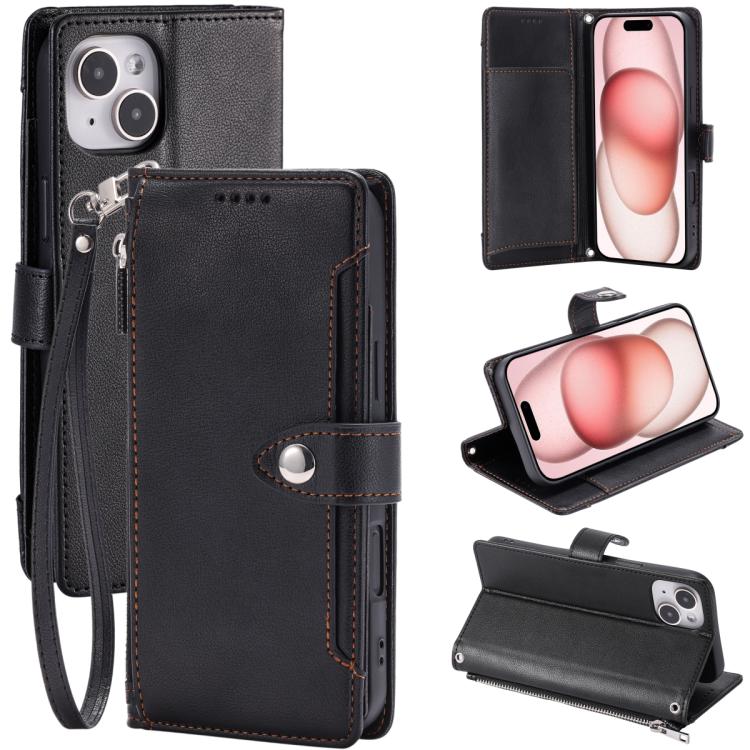 Litchi Texture Zipper Wallet Buckle Vegan Leather Phone Case with Wrist Strap, For iPhone 14 Plus, For iPhone 14, For iPhone 14 Pro, For iPhone 14 Pro Max, For iPhone SE 2022 / SE 2020, For iPhone 13 Pro Max