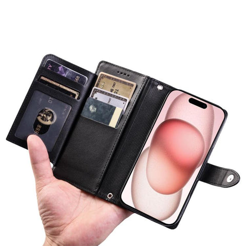 Litchi Texture Zipper Wallet Buckle Vegan Leather Phone Case with Wrist Strap, For iPhone 14 Plus, For iPhone 14, For iPhone 14 Pro, For iPhone 14 Pro Max, For iPhone SE 2022 / SE 2020, For iPhone 13 Pro Max