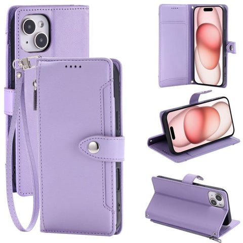 Litchi Texture Zipper Wallet Buckle Vegan Leather Phone Case with Wrist Strap, For iPhone 14 Plus, For iPhone 14, For iPhone 14 Pro, For iPhone 14 Pro Max, For iPhone SE 2022 / SE 2020, For iPhone 13 Pro Max