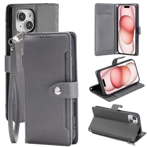 Litchi Texture Zipper Wallet Buckle Vegan Leather Phone Case with Wrist Strap, For iPhone 14 Plus, For iPhone 14, For iPhone 14 Pro, For iPhone 14 Pro Max, For iPhone SE 2022 / SE 2020, For iPhone 13 Pro Max