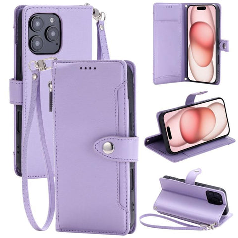 Litchi Texture Zipper Wallet Buckle Vegan Leather Phone Case with Wrist Strap, For iPhone 14 Plus, For iPhone 14, For iPhone 14 Pro, For iPhone 14 Pro Max, For iPhone SE 2022 / SE 2020, For iPhone 13 Pro Max
