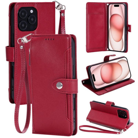 Litchi Texture Zipper Wallet Buckle Vegan Leather Phone Case with Wrist Strap, For iPhone 14 Plus, For iPhone 14, For iPhone 14 Pro, For iPhone 14 Pro Max, For iPhone SE 2022 / SE 2020, For iPhone 13 Pro Max