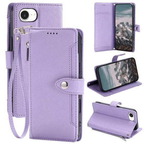 Litchi Texture Zipper Wallet Buckle Vegan Leather Phone Case with Wrist Strap, For iPhone 14 Plus, For iPhone 14, For iPhone 14 Pro, For iPhone 14 Pro Max, For iPhone SE 2022 / SE 2020, For iPhone 13 Pro Max