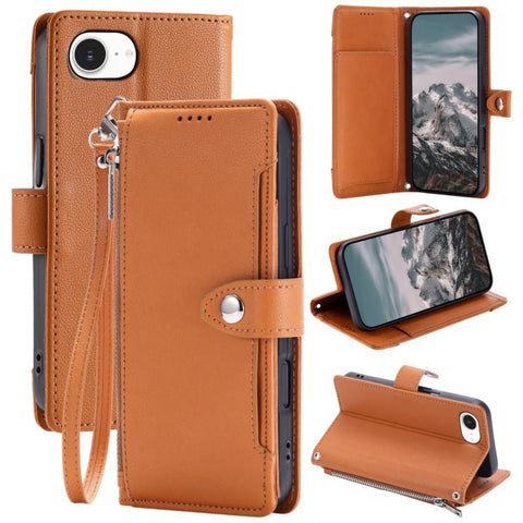 Litchi Texture Zipper Wallet Buckle Vegan Leather Phone Case with Wrist Strap, For iPhone 14 Plus, For iPhone 14, For iPhone 14 Pro, For iPhone 14 Pro Max, For iPhone SE 2022 / SE 2020, For iPhone 13 Pro Max