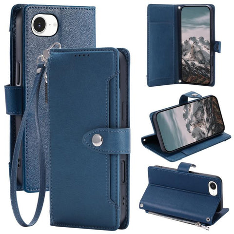Litchi Texture Zipper Wallet Buckle Vegan Leather Phone Case with Wrist Strap, For iPhone 14 Plus, For iPhone 14, For iPhone 14 Pro, For iPhone 14 Pro Max, For iPhone SE 2022 / SE 2020, For iPhone 13 Pro Max