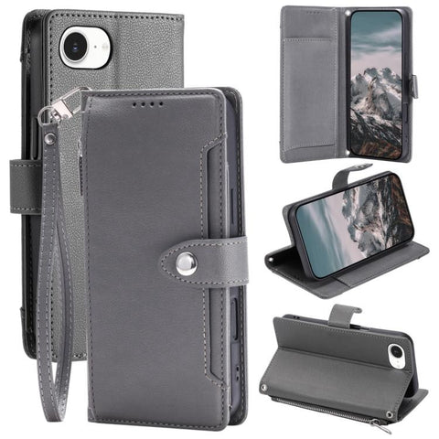 Litchi Texture Zipper Wallet Buckle Vegan Leather Phone Case with Wrist Strap, For iPhone 14 Plus, For iPhone 14, For iPhone 14 Pro, For iPhone 14 Pro Max, For iPhone SE 2022 / SE 2020, For iPhone 13 Pro Max