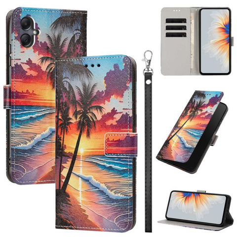 Painted Pattern Vegan Leather Phone Case with Strap, For Galaxy A05, For Galaxy A05s, For Galaxy A15 / A15 5G, For Galaxy A55 5G, For Galaxy A35 5G, For Galaxy A25 5G