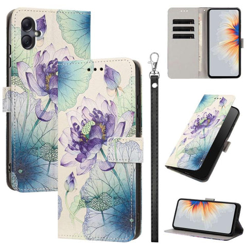 Painted Pattern Vegan Leather Phone Case with Strap, For Galaxy A05, For Galaxy A05s, For Galaxy A15 / A15 5G, For Galaxy A55 5G, For Galaxy A35 5G, For Galaxy A25 5G