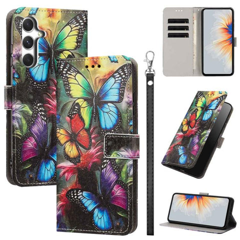 Painted Pattern Vegan Leather Phone Case with Strap, For Galaxy A05, For Galaxy A05s, For Galaxy A15 / A15 5G, For Galaxy A55 5G, For Galaxy A35 5G, For Galaxy A25 5G
