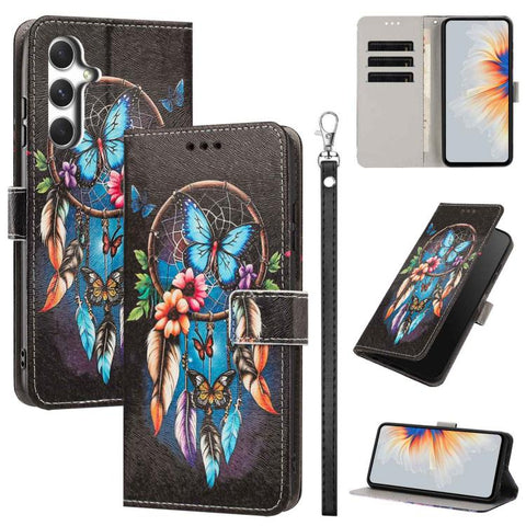 Painted Pattern Vegan Leather Phone Case with Strap, For Galaxy A05, For Galaxy A05s, For Galaxy A15 / A15 5G, For Galaxy A55 5G, For Galaxy A35 5G, For Galaxy A25 5G