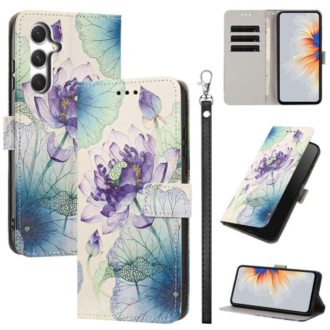 Painted Pattern Vegan Leather Phone Case with Strap, For Galaxy A05, For Galaxy A05s, For Galaxy A15 / A15 5G, For Galaxy A55 5G, For Galaxy A35 5G, For Galaxy A25 5G