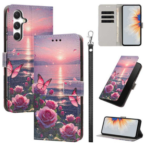 Painted Pattern Vegan Leather Phone Case with Strap, For Galaxy A05, For Galaxy A05s, For Galaxy A15 / A15 5G, For Galaxy A55 5G, For Galaxy A35 5G, For Galaxy A25 5G