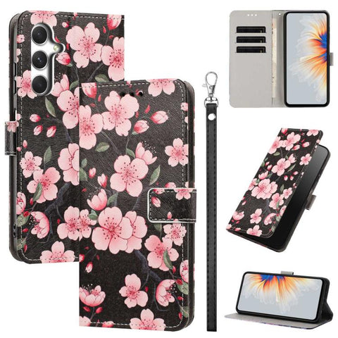Painted Pattern Vegan Leather Phone Case with Strap, For Galaxy A05, For Galaxy A05s, For Galaxy A15 / A15 5G, For Galaxy A55 5G, For Galaxy A35 5G, For Galaxy A25 5G