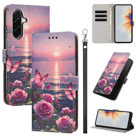 Painted Pattern Vegan Leather Phone Case with Strap, For Galaxy A57 5G, For Galaxy A37 5G / A36 5G, For Galaxy A27 5G, For Galaxy A17 5G/4G, For Galaxy A07 4G/5G, For Galaxy A56 5G