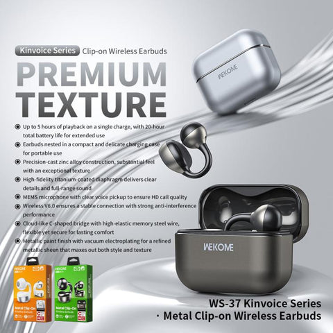 WK WS-37 Kinvoice Series Clip-on Metal Wireless Bluetooth Earphone, WS-37