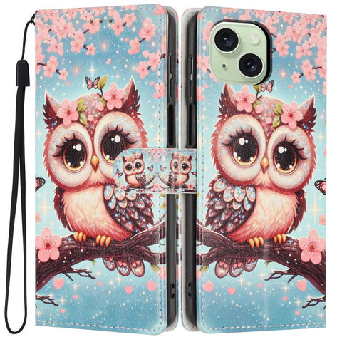 Colorful Painting Vegan Leather Phone Case with Lanyard, For iPhone 15 Pro, For iPhone 15 Plus, For iPhone 15