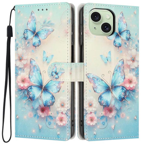 Colorful Painting Vegan Leather Phone Case with Lanyard, For iPhone 15 Pro, For iPhone 15 Plus, For iPhone 15