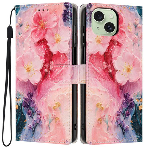Colorful Painting Vegan Leather Phone Case with Lanyard, For iPhone 15 Pro, For iPhone 15 Plus, For iPhone 15