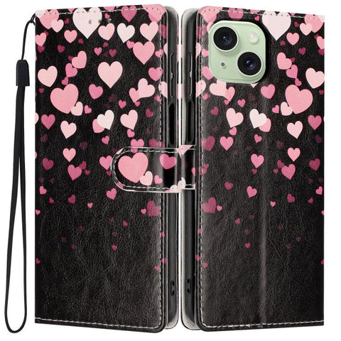 Colorful Painting Vegan Leather Phone Case with Lanyard, For iPhone 15 Pro, For iPhone 15 Plus, For iPhone 15