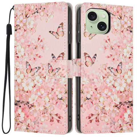 Colorful Painting Vegan Leather Phone Case with Lanyard, For iPhone 15 Pro, For iPhone 15 Plus, For iPhone 15