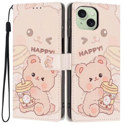 Colorful Painting Vegan Leather Phone Case with Lanyard, For iPhone 15 Pro, For iPhone 15 Plus, For iPhone 15