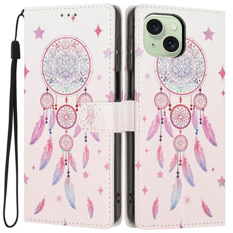 Colorful Painting Vegan Leather Phone Case with Lanyard, For iPhone 15 Pro, For iPhone 15 Plus, For iPhone 15