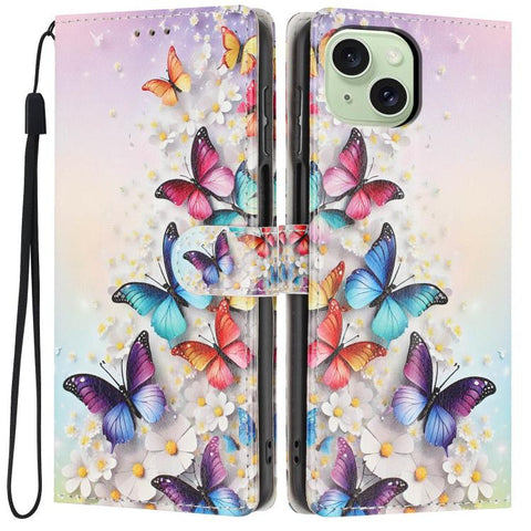 Colorful Painting Vegan Leather Phone Case with Lanyard, For iPhone 15 Pro, For iPhone 15 Plus, For iPhone 15