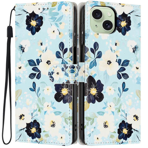 Colorful Painting Vegan Leather Phone Case with Lanyard, For iPhone 15 Pro, For iPhone 15 Plus, For iPhone 15