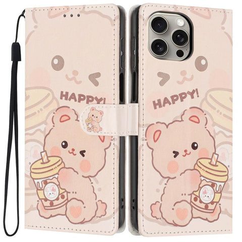 Colorful Painting Vegan Leather Phone Case with Lanyard, For iPhone 15 Pro, For iPhone 15 Plus, For iPhone 15