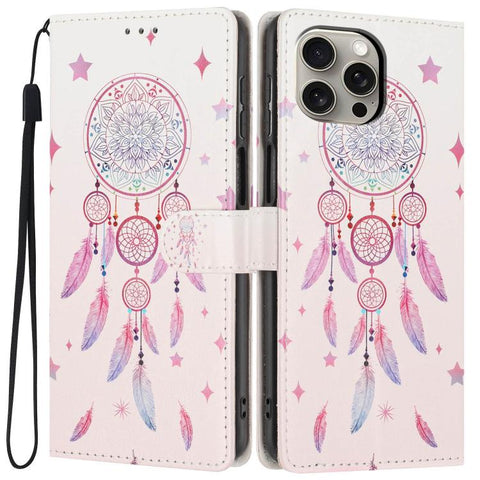 Colorful Painting Vegan Leather Phone Case with Lanyard, For iPhone 15 Pro, For iPhone 15 Plus, For iPhone 15
