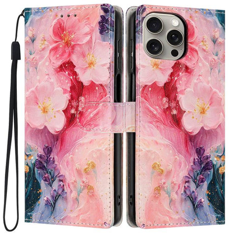 Colorful Painting Vegan Leather Phone Case with Lanyard, For iPhone 15 Pro, For iPhone 15 Plus, For iPhone 15