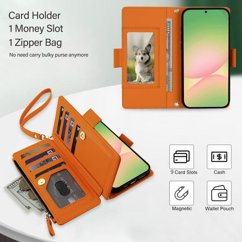 Crossbody Diamond 9 Card Slots Zipper Bag Vegan Leather Phone Case, For Galaxy A36 / A37 / A56 5G