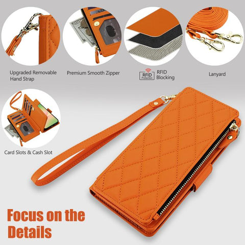Crossbody Diamond 9 Card Slots Zipper Bag Vegan Leather Phone Case, For Galaxy A36 / A37 / A56 5G