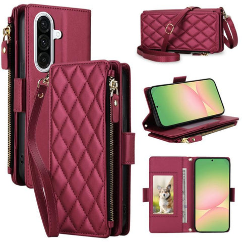 Crossbody Diamond 9 Card Slots Zipper Bag Vegan Leather Phone Case, For Galaxy A36 / A37 / A56 5G
