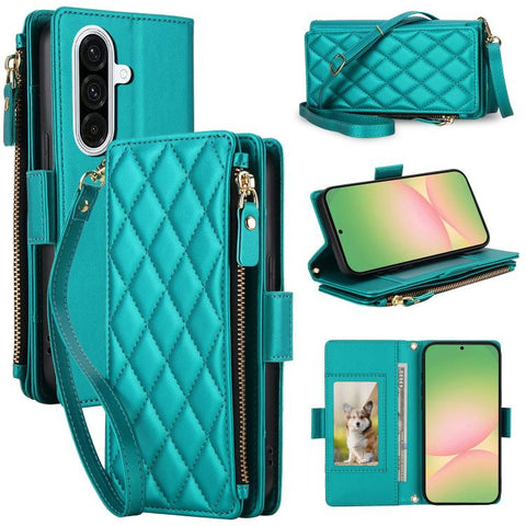 Crossbody Diamond 9 Card Slots Zipper Bag Vegan Leather Phone Case, For Galaxy A36 / A37 / A56 5G