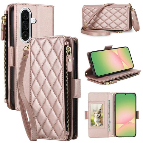 Crossbody Diamond 9 Card Slots Zipper Bag Vegan Leather Phone Case, For Galaxy A36 / A37 / A56 5G